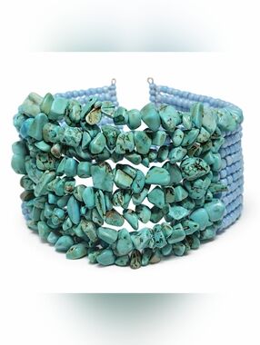 Wide Turquoise Chip Bead Cuff Bracelet Blue Seed Bead Boho Southwestern